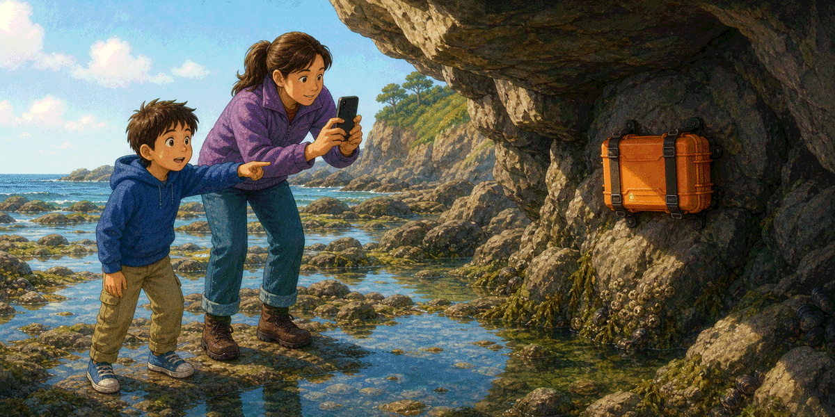 Eli and his aunt noticing an orange scientific receiver secured inside a shallow seaside cave.