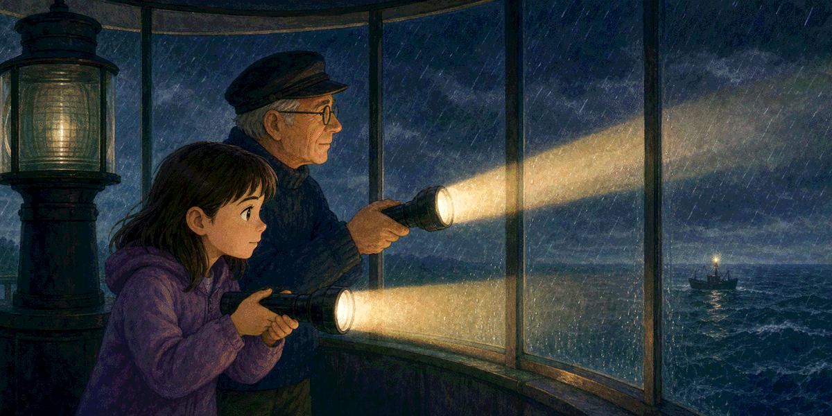 Zara and her grandfather signalling from a lighthouse lantern room during a storm.