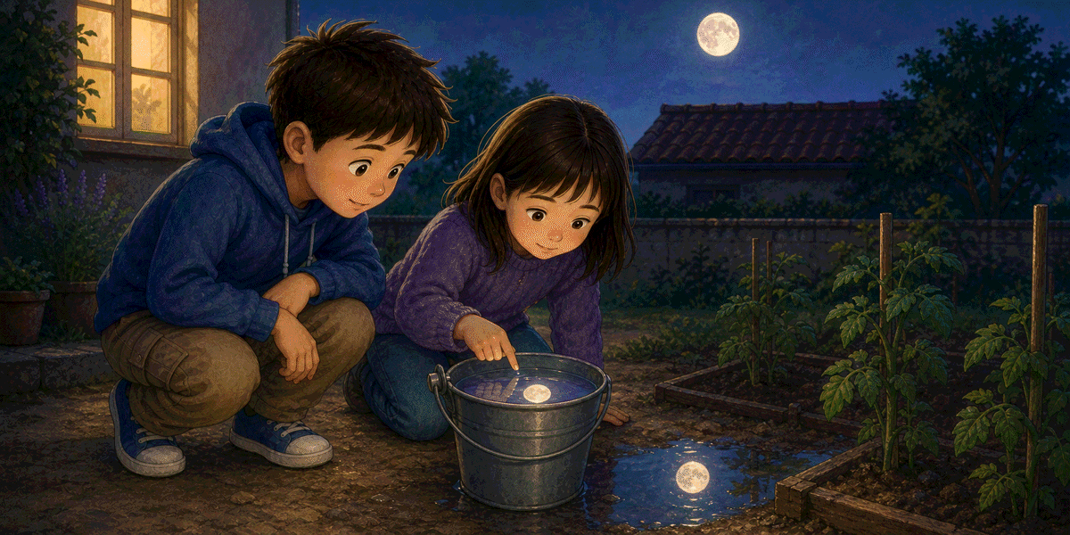 Tomas and Leni discovering the moon reflected in a bucket of water in their evening garden.