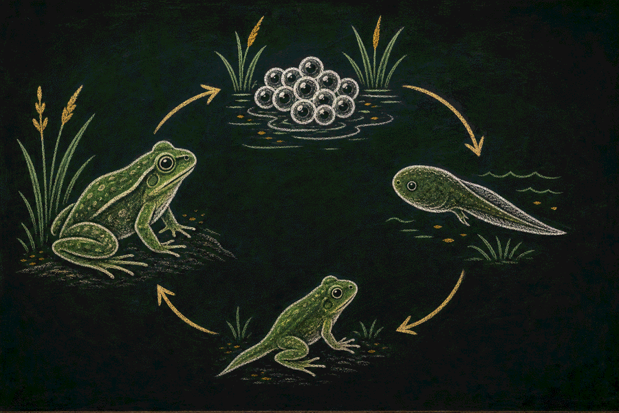 Chalkboard frog life cycle illustration with eggs, tadpole, froglet and adult frog.