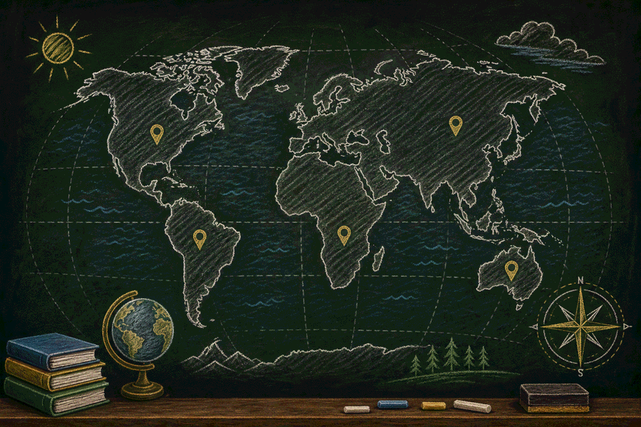 Chalkboard map study illustration with world map outlines, compass and map pins.