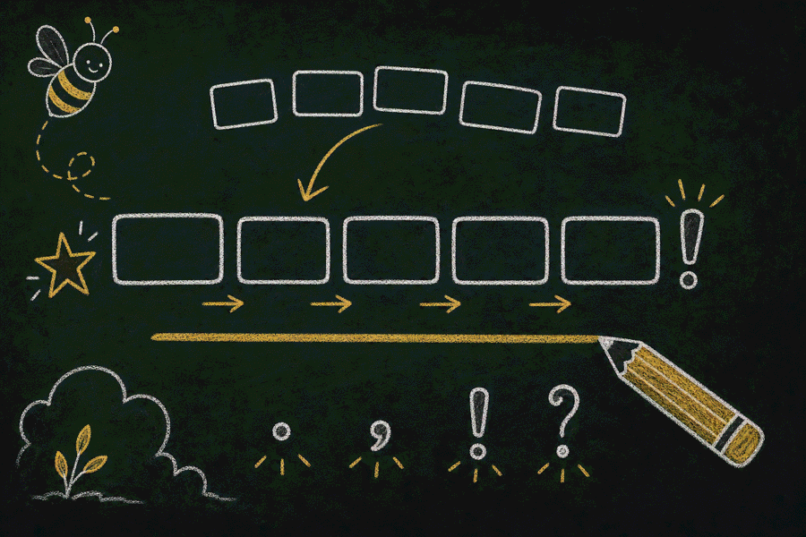 Chalkboard grammar illustration with blank word tiles arranged into a sentence path.