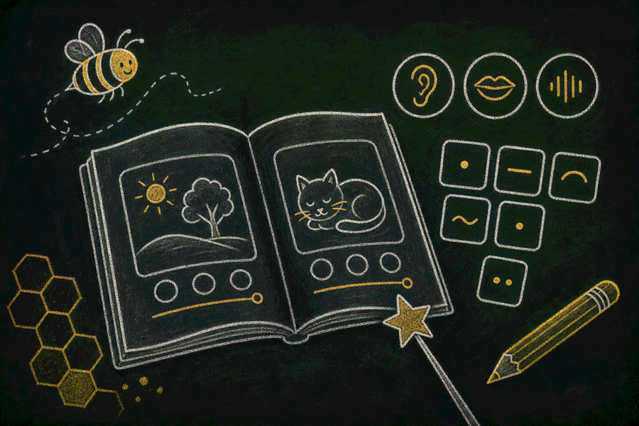 Chalkboard early reading illustration with an open reader, sound symbols and a pencil.