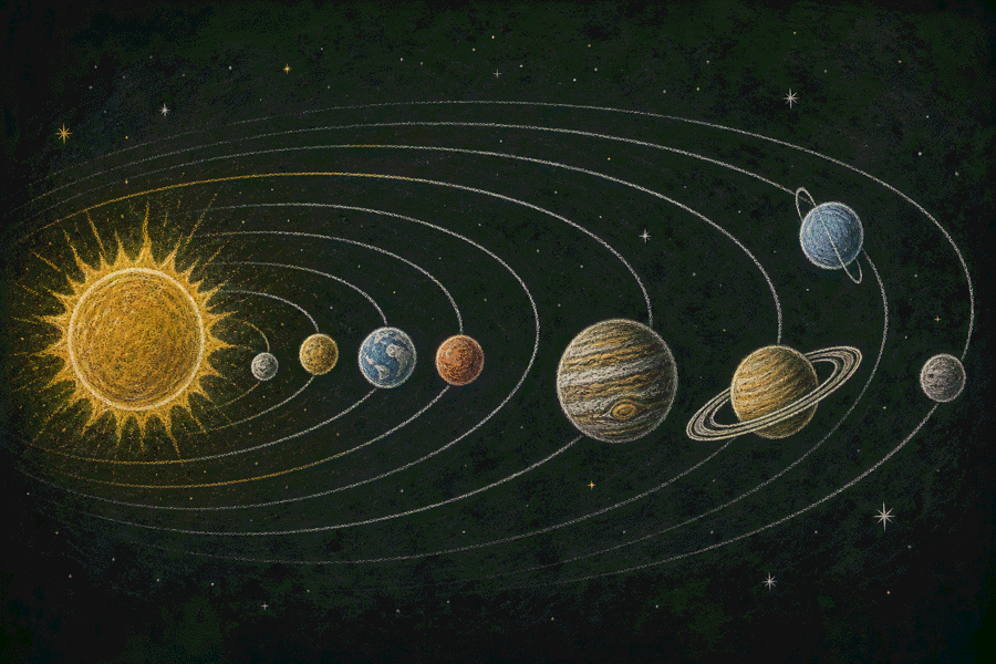 Chalkboard solar system illustration with the sun, orbit paths and planets.