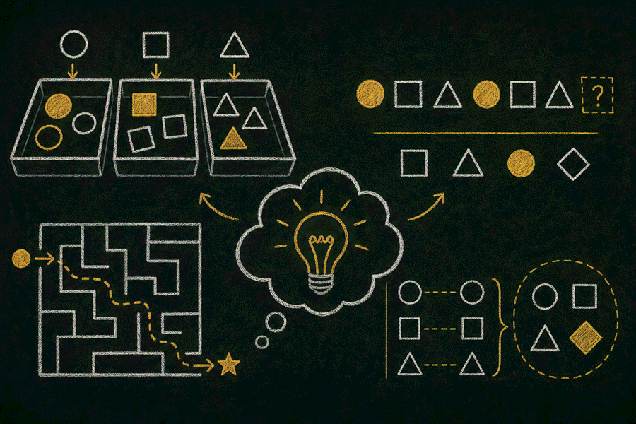 Chalkboard reasoning puzzle illustration with sorting trays, patterns and a maze.