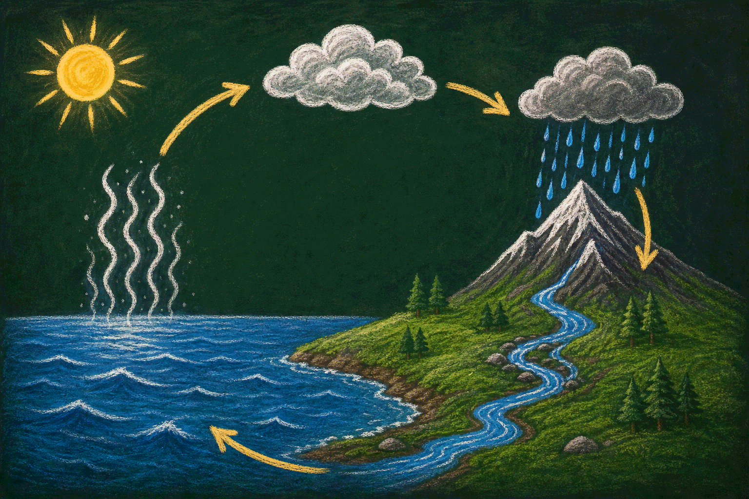 Chalkboard water cycle illustration with sea evaporation, clouds, rain, hill runoff and collection.
