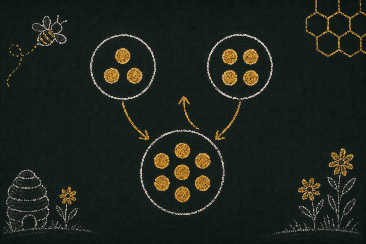 Chalk illustration of counters moving between two parts and one whole mat.
