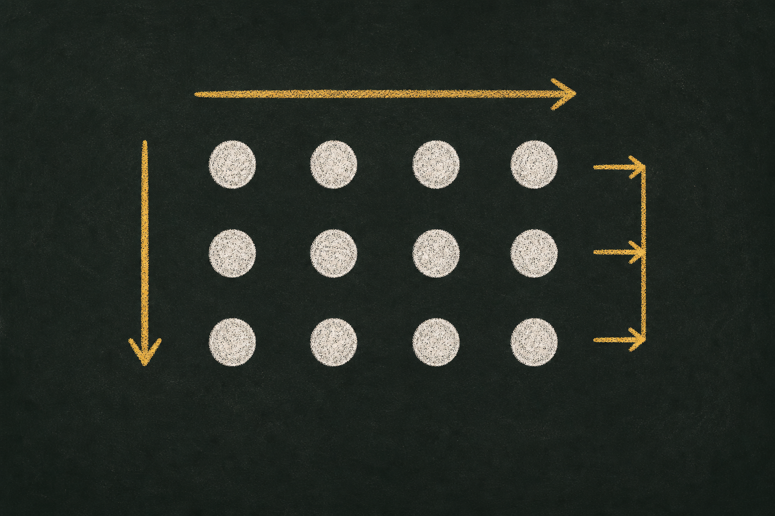 Chalk illustration of a rectangular array with honey-gold arrows reading it as rows, as columns and split back apart.