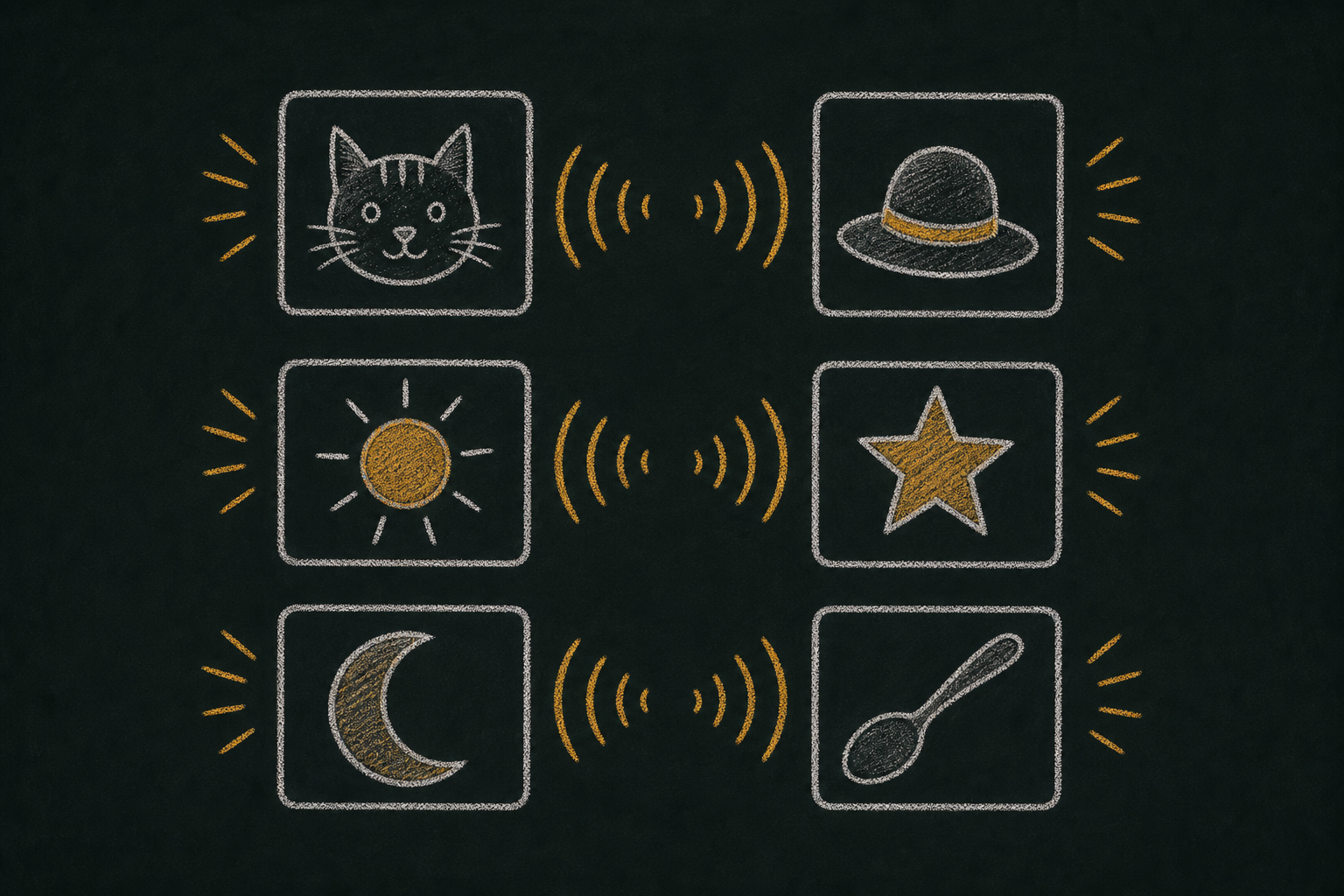 Chalk illustration of pairs of simple picture cards connected by honey-gold sound waves.